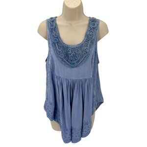 Just Cruisin Womens Blue Boho Embroidered Sleeveless Rayon Top Free Size